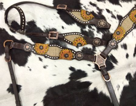 Showman One Ear Headstall &amp; Breastcollar set with burlap inlay with painted sunflower accent #2